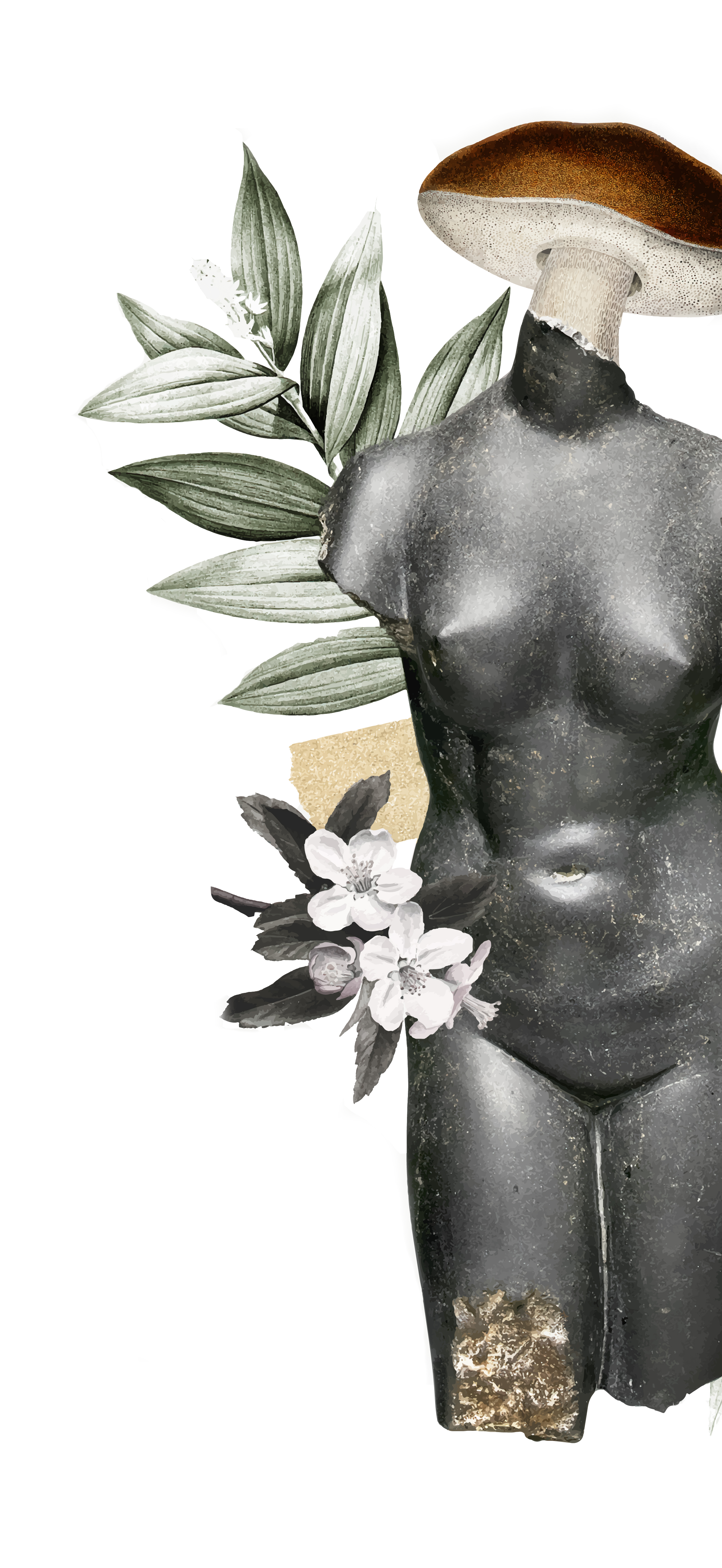 Collage: torso clásico con sombrero de hongo, flores y hojas